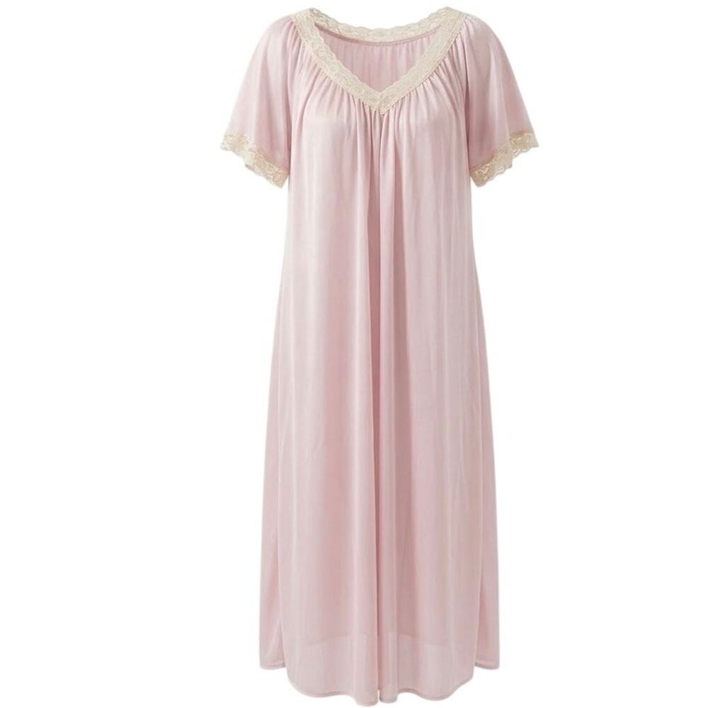 Maxi Nightgown Lace Trim Pink Nylon Tricot